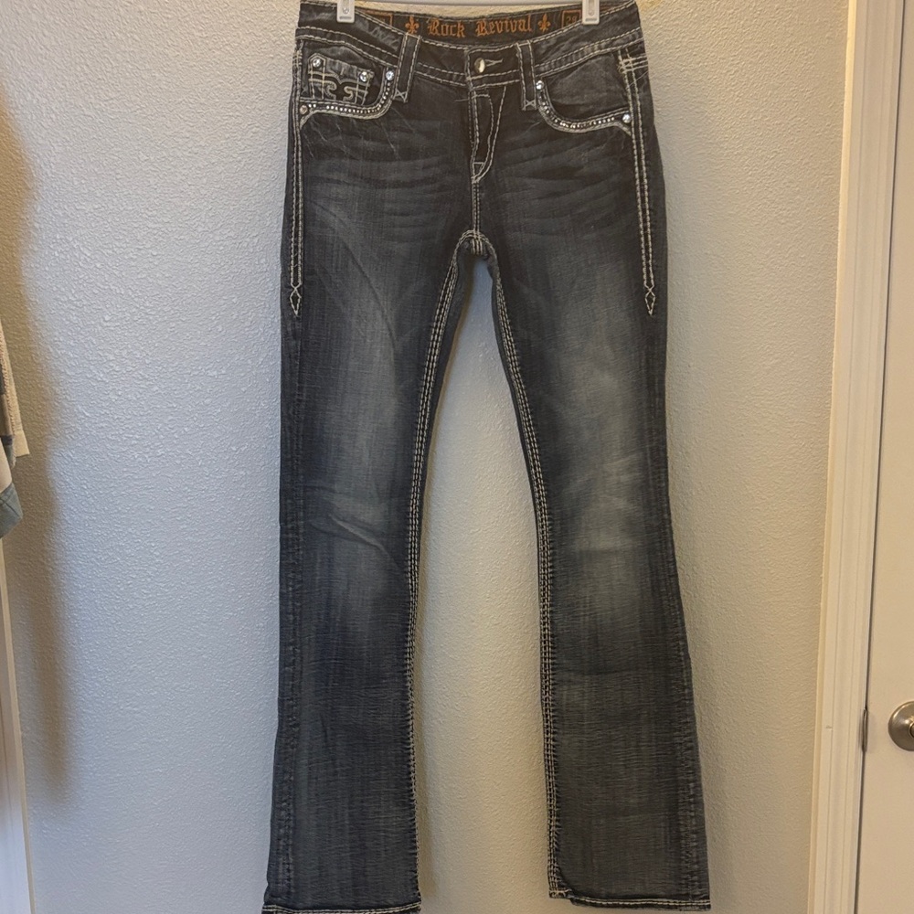 Rock Revival Women's Dark Blue Boot Cut Jeans with Rhinestone detail - Picture 4 of 12